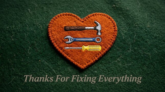 Handmade Felt Heart Patch with Crafting Tools Expressing Gratitude for Helpful Repairs