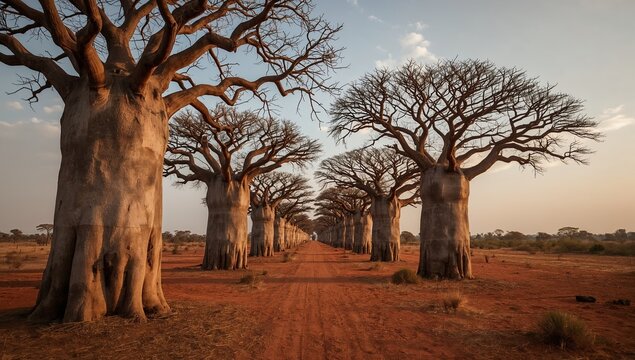 A row of massive baobab trees lines a dirt road in an arid desert landscape with reddish soil under a clear sky.