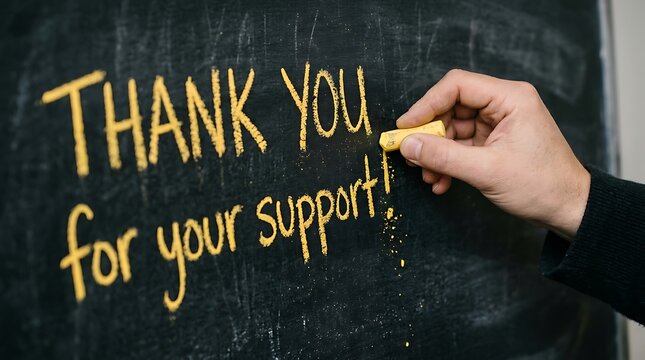 Person Writing Thank You Message for Support on Blackboard with Chalk