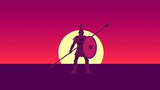Greek warrior stands with shield and spear beneath a large sun in a bold graphic scene