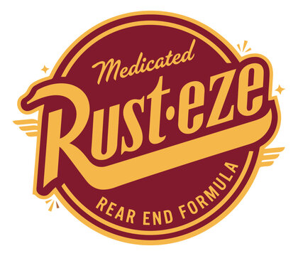 Rusteze medicated rear end formula logo, iconic vintage style automotive product emblem with bold typography and retro color scheme