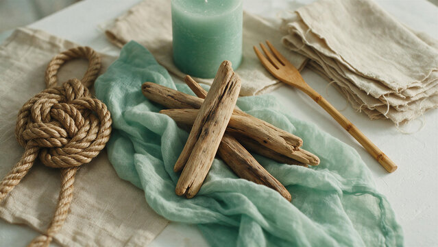 Coastal still life with natural driftwood, nautical knotted rope, green candle and linen fabric on white table