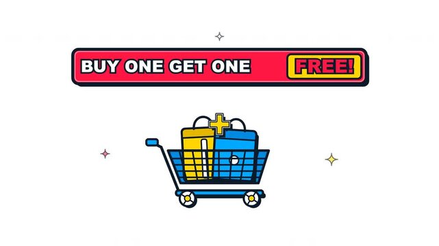 Buy one get one free sale promotion animation with shopping cart