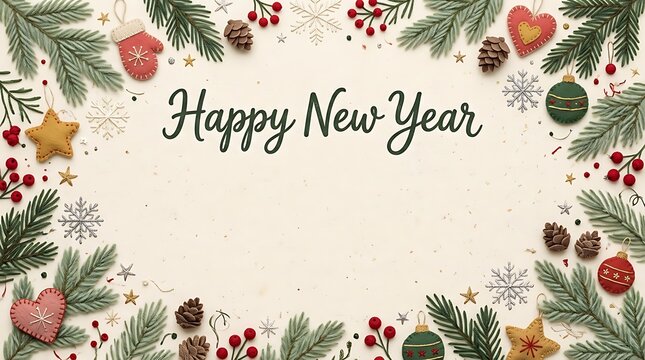 Happy new year greeting card template with festive winter holiday decorations and pine branches frame for your seasonal celebration design project
