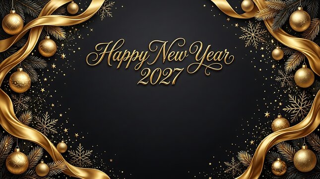 Happy new year 2027 greeting card design with golden christmas ornaments and festive ribbons on a dark black background with sparkling snowflakes