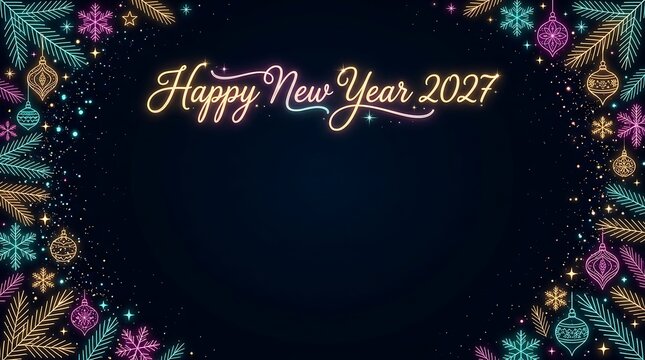 Happy new year 2027 greeting card design with colorful neon ornaments and pine branches on a black background for a festive holiday celebration season