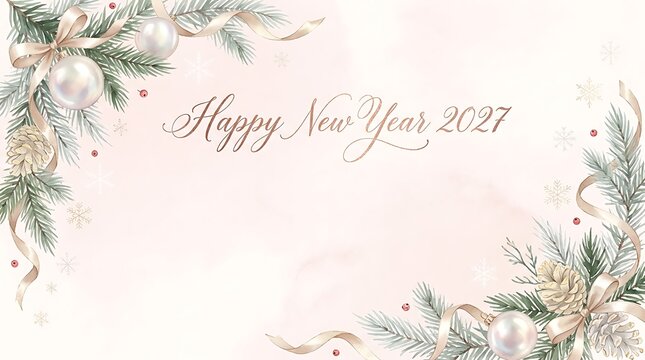 Happy new year 2027 greeting card design with hand drawn christmas tree branches and elegant festive ornaments in a soft artistic watercolor style