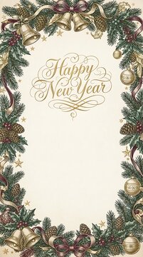 Happy new year greeting card template with decorative vintage pine tree wreath frame with golden bells and ornaments for festive holiday celebration design