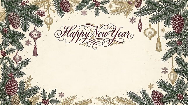Happy new year greeting card frame with hand drawn pine branches and vintage christmas ornaments in a festive winter holiday style illustration
