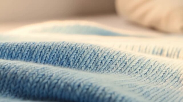 Blue knitted fabric rests in warm light, showing a closeup of its raised texture
