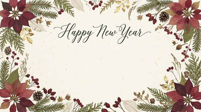 Happy new year greeting card template with elegant hand drawn poinsettia flowers pine branches and winter berries in a festive botanical frame design