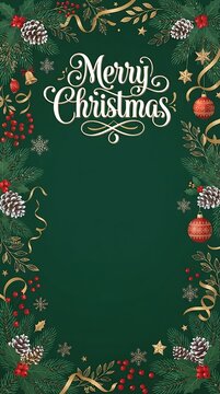 Merry christmas greeting card design with festive pine cones red baubles berries and green foliage frame for holiday winter season celebration