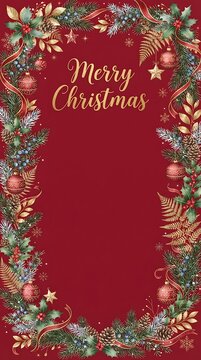 Merry christmas greeting card design with gold ornaments and pine branches on a red background for festive holiday season invitation or banner template