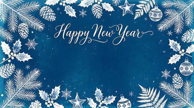 Happy new year greeting card design with blue background decorated with pine branches holly leaves snowflakes and christmas ornaments in winter style