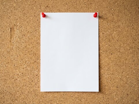 A blank white sheet of paper pinned to a textured brown cork notice board background