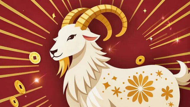 Decorative white goat surrounded by scattering gold coins on a radiant red background, lunar new year zodiac symbol of prosperity and celebration
