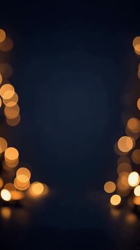 Warm golden bokeh string lights reflected across vertical panels in a dark triptych composition. festive abstract glow with elegant blurred circles and soft mood.