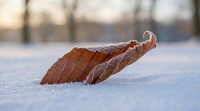 Dry brown autumn leaf covered with frost lying on white snow ground in cold winter morning