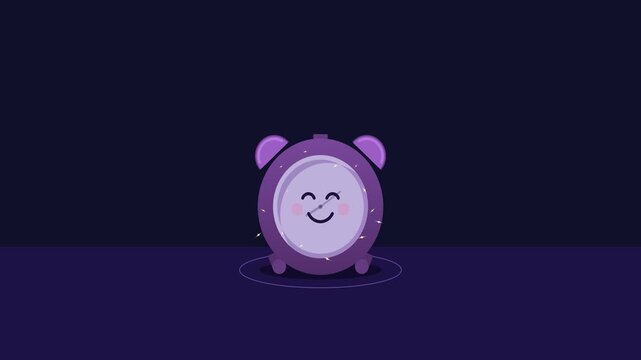 Clean and playful 2D vector motion graphics animation of a smiling purple alarm clock ringing bells, bouncing, jumping with squash and stretch, sound waves, and sparkle stars in a seamless 10-second l