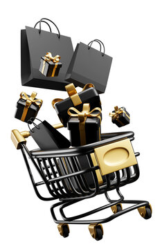 Shopping cart with gift box and paper bag isolated on transparent background design for Black friday sale and online shopping banner 3D render