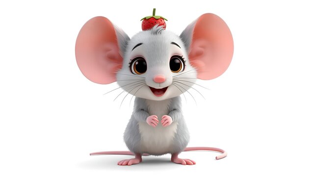 Create one adorable baby mouse with soft light-gray fur, enormous round ears, tiny pink paws and shiny black eyes, wearing a small strawberry-shaped hat, standing with a cheerful expression, cute deta