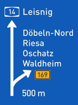Ausfahrt 34, Doebeln-Nord, Riesa, Oschatz, Waldheim, Autobahn A14 in Richtung Leisnig, Leipzig als Vektorgrafik.