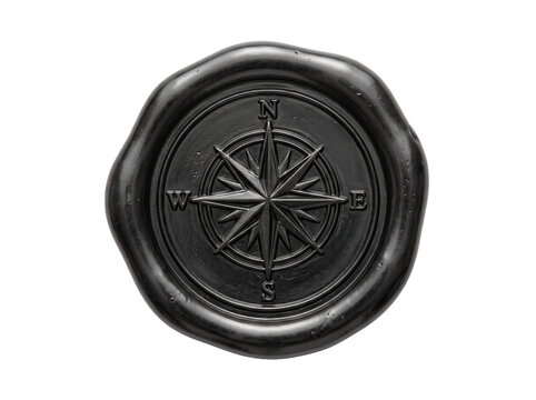 Black wax seal with compass rose design featuring cardinal directions for vintage nautical branding, guidance and exploration concept for luxury stationery and corporate logo design.