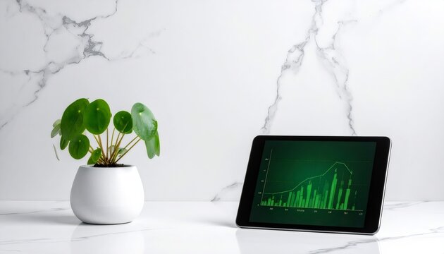 Tablet displaying green financial graph with a plant