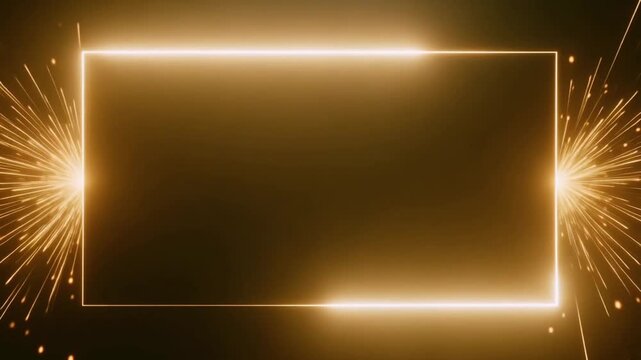 Glowing rectangular frame with golden light particles exploding on sides against a dark black background motion video