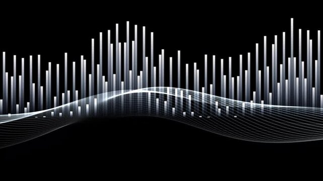 White digital audio spectrum visualization with flowing wave lines and equalizer bars on black background for music production.