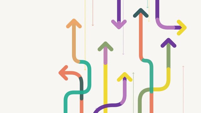Colorful curved arrow lines moving in different directions, creative concept of business strategy and pathways