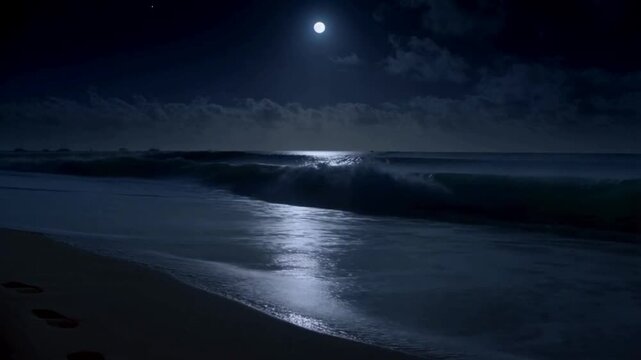 A tranquil beach scene at night under the light of a full moon. The bright moon casts a shimmering path of light across the surface of the sea, while gentle waves break along the shoreline.