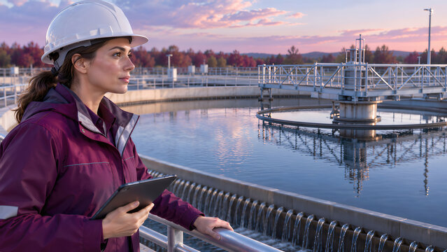 Woman Reviewing Clarifier Basin Operation With Tablet at Water Treatment Plant