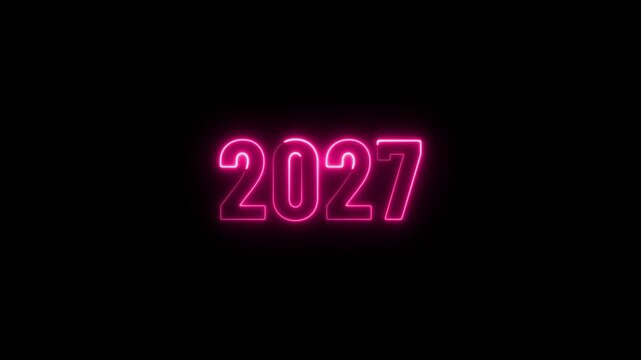 Happy new year 2027 neon text 4k animation background. Festival, growth of business, investment, finance, glowing neon number text happy new year 2027.