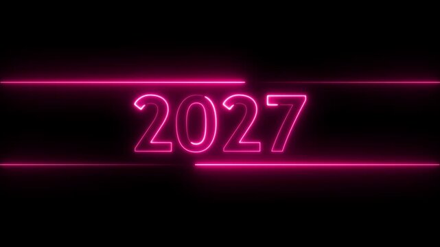 Happy new year 2027 neon text 4k animation background. Festival, growth of business, investment, finance, glowing neon number text happy new year 2027.