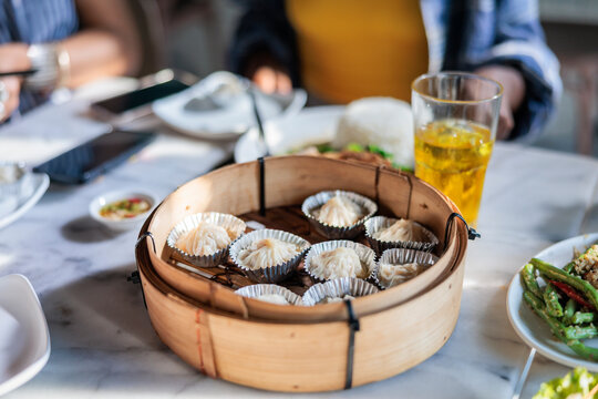 Dim sum presented on a table.