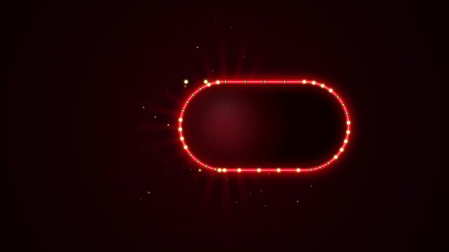 Neon red glowing oval frame with sparkling lights on dark background.
