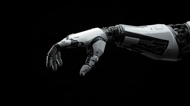 A mechanical hand moves through several finger positions against a black background in a close-up studio demonstration.