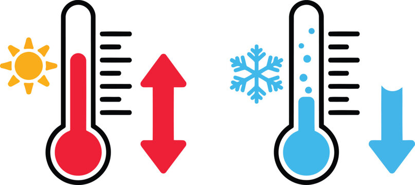 Two thermometers showing temperature extremes with a sun for heat and a snowflake for cold, accompanied by red and blue vertical arrows on white