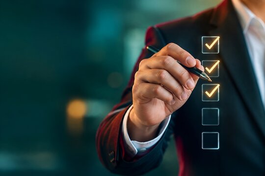 Businessman checking tasks on virtual checklist, close up view of hand with pen marking items on digital todo list, business success and planning concept