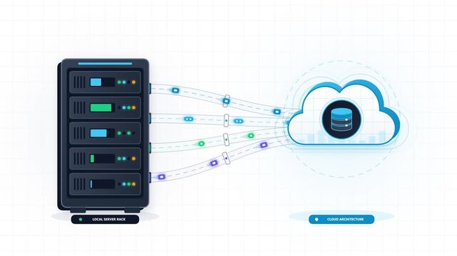 Conceptual Data Migration Illustration Connecting Local Server Rack To Cloud