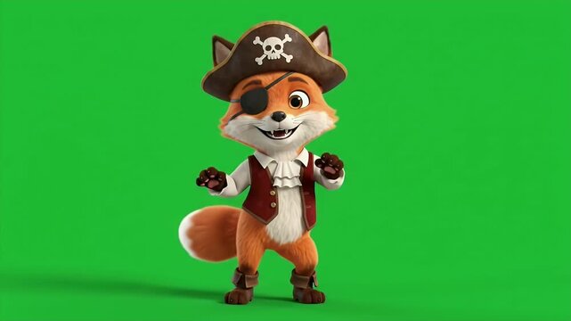 Cartoon Fox in Pirate Halloween Costume - A cheerful cartoon fox is dressed in a pirate Halloween costume, complete with an eye patch and pirate hat, dancing side to side with a smile.