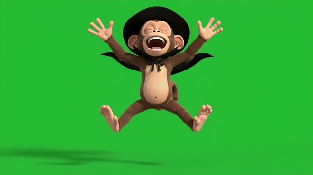 Playful Cartoon Monkey in Witch Costume on Green Screen - A cartoon monkey wearing a black cape and a witch hat is seen dancing energetically.