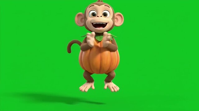 Cartoon Monkey in Pumpkin Costume Clapping - A cute cartoon monkey dressed in a pumpkin costume is seen clapping and hopping with excitement.