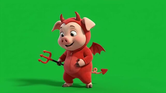 Cartoon Piglet in Devil Costume Dancing - A charming cartoon piglet dressed in a red devil costume is seen doing a playful and silly happy dance.
