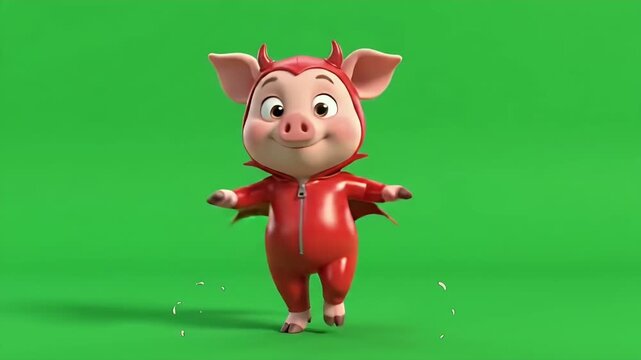 Cartoon Piglet in Devil Costume Dancing - A cheerful cartoon piglet dressed in a red devil costume performs a silly happy dance.