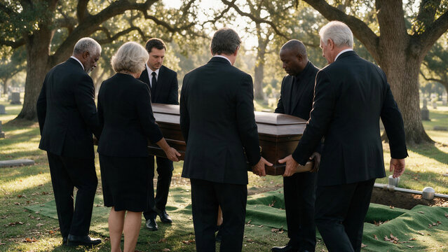 Mourning family and pallbearers carrying wooden casket over an open grave during a solemn cemetery committal service under trees.