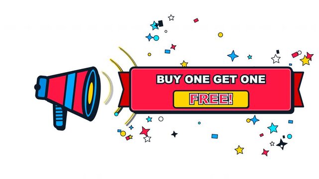 Animated megaphone announcing buy one get one free special offer