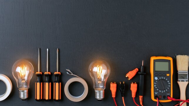 Electrical repair tools and glowing light bulbs arranged in a dark overhead flat lay