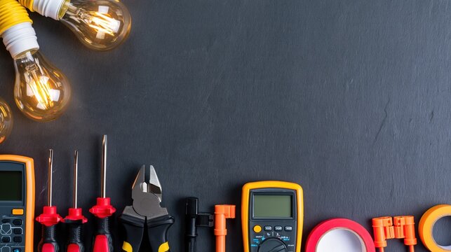 Electrical repair tools and glowing bulbs arranged on a dark work surface with copy space